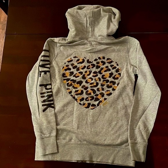 Pink Zippered Hoodie with animal print heart on the back - Picture 1 of 10
